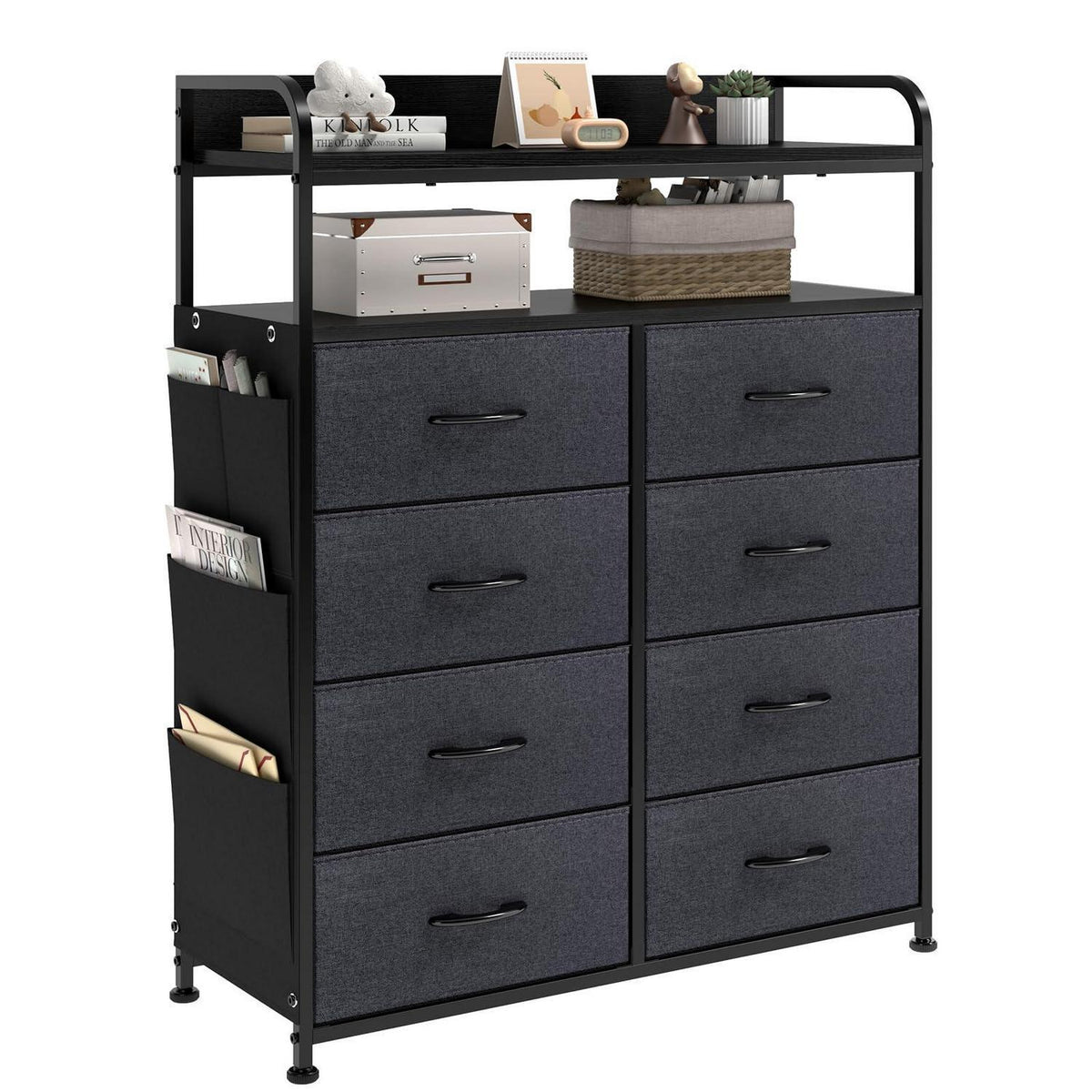 Kommode mit 8 Stoffschubladen & 2 Regalen, Schwarz