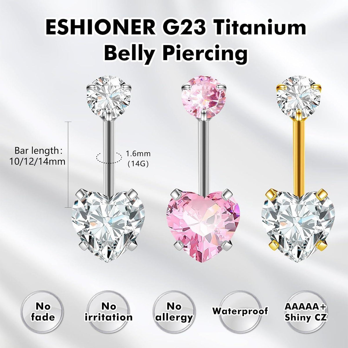 G23 Titan Bauchnabelpiercing Gold Silber 14G 8-12mm mit Herz