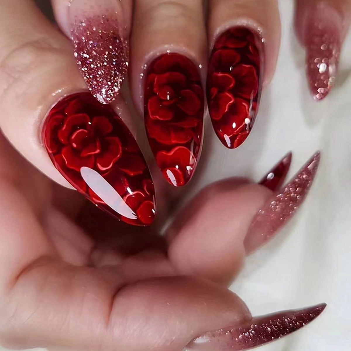 24 Mandel Nägel Aufkleben Rot Blumen French Press on Nails