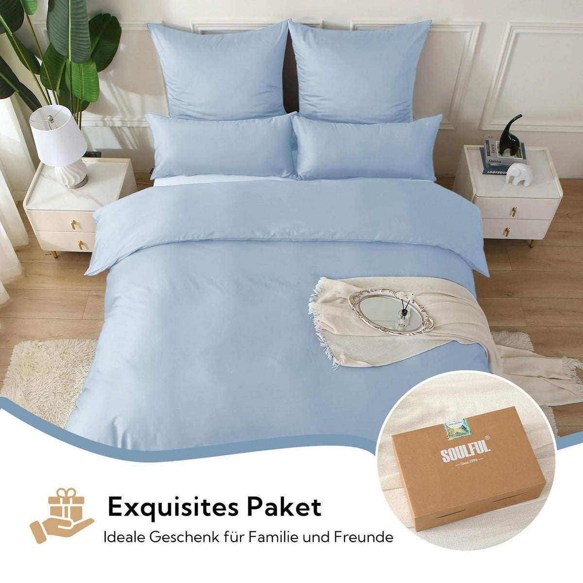 Satin Bettwäsche Set 135x200, Hellblau, 4-teilig, Baumwolle
