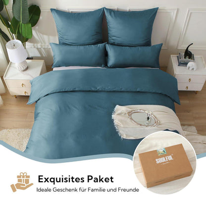Satin Bettwäsche Set 135x200 Baumwolle Pfauenblau 4tlg.