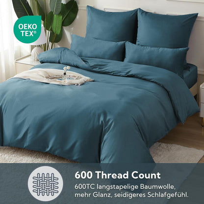 Satin Bettwäsche Set 220x240 Baumwolle Kühlend Pfauenblau