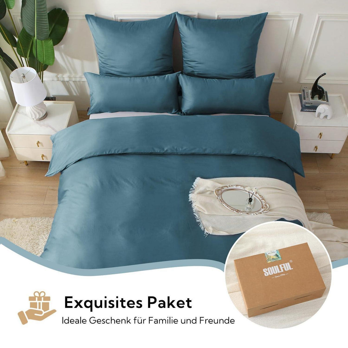 Satin Bettwäsche Set 220x240 Baumwolle Kühlend Pfauenblau