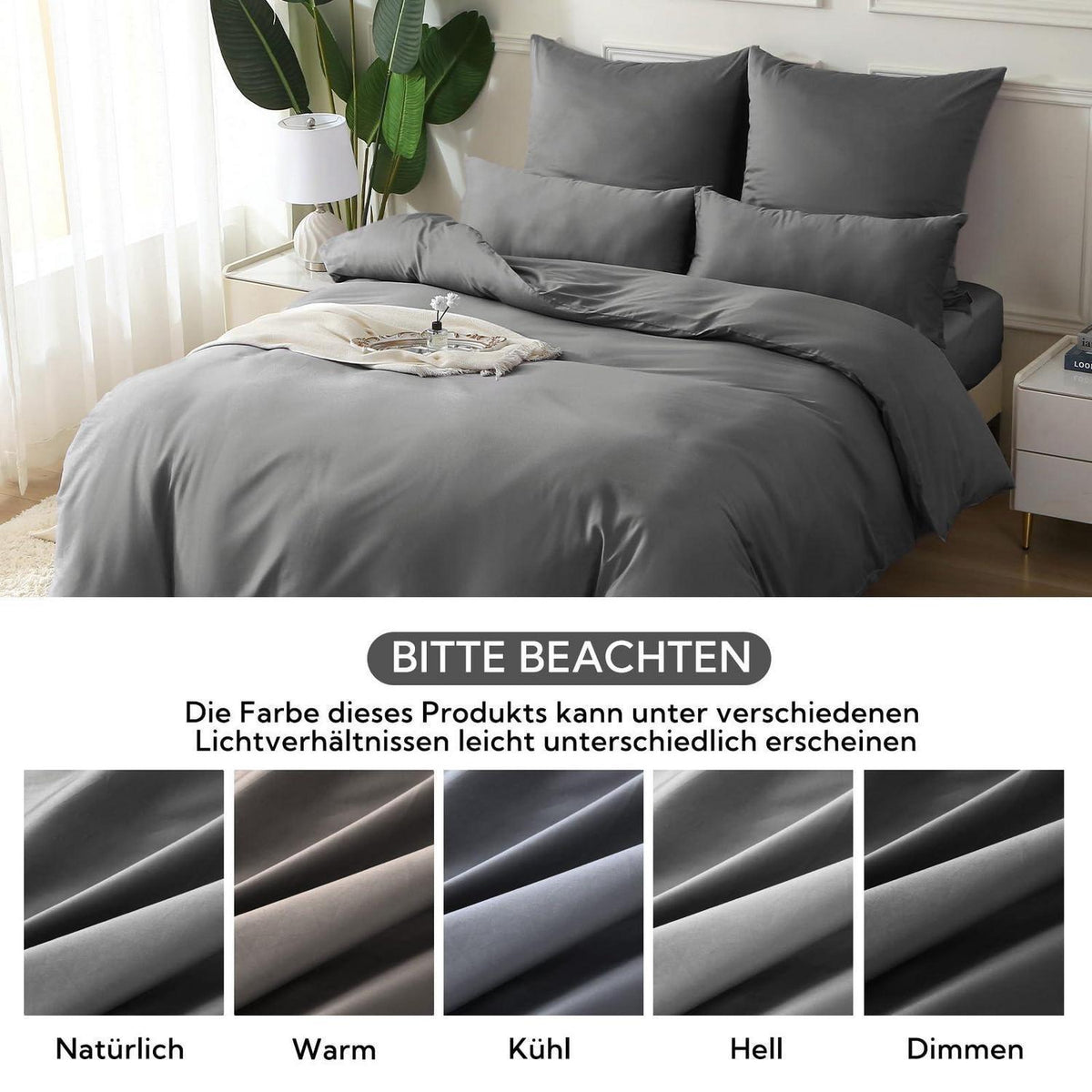 Satin Bettwäsche Set 135x200, 4-teilig, Kohlegrau