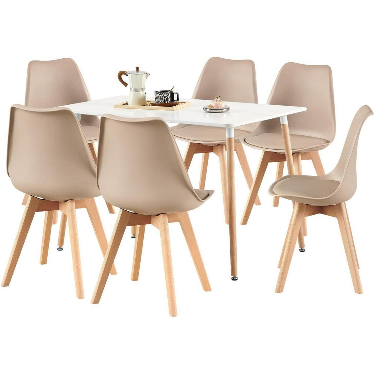 Skandinavischer Esszimmerstuhl Retro, Buchenholz, Beige/Khaki (6er Set)