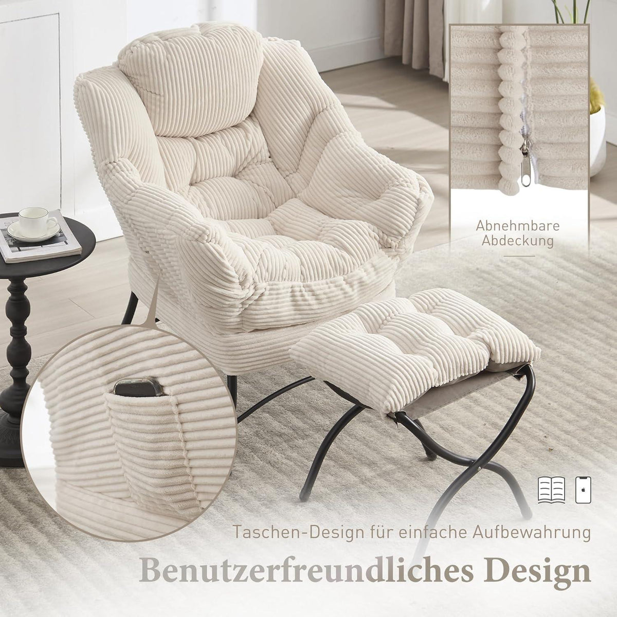 Lazy Chair mit Ottomane – Bequemer Faulenzersessel Weiß