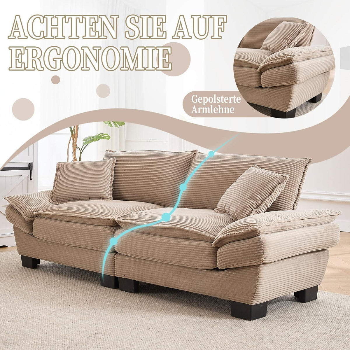 Modernes 2-Sitzer Sofa mit Polsterarmlehnen & Beinen (Khaki)
