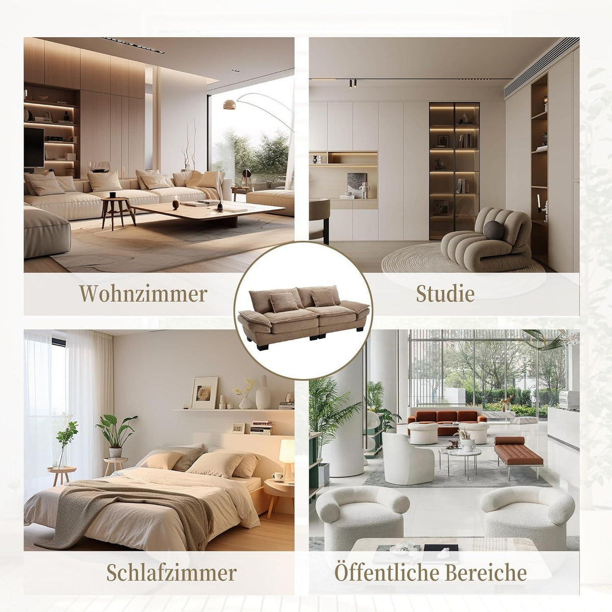 Modernes 2-Sitzer Sofa mit Polsterarmlehnen & Beinen (Khaki)