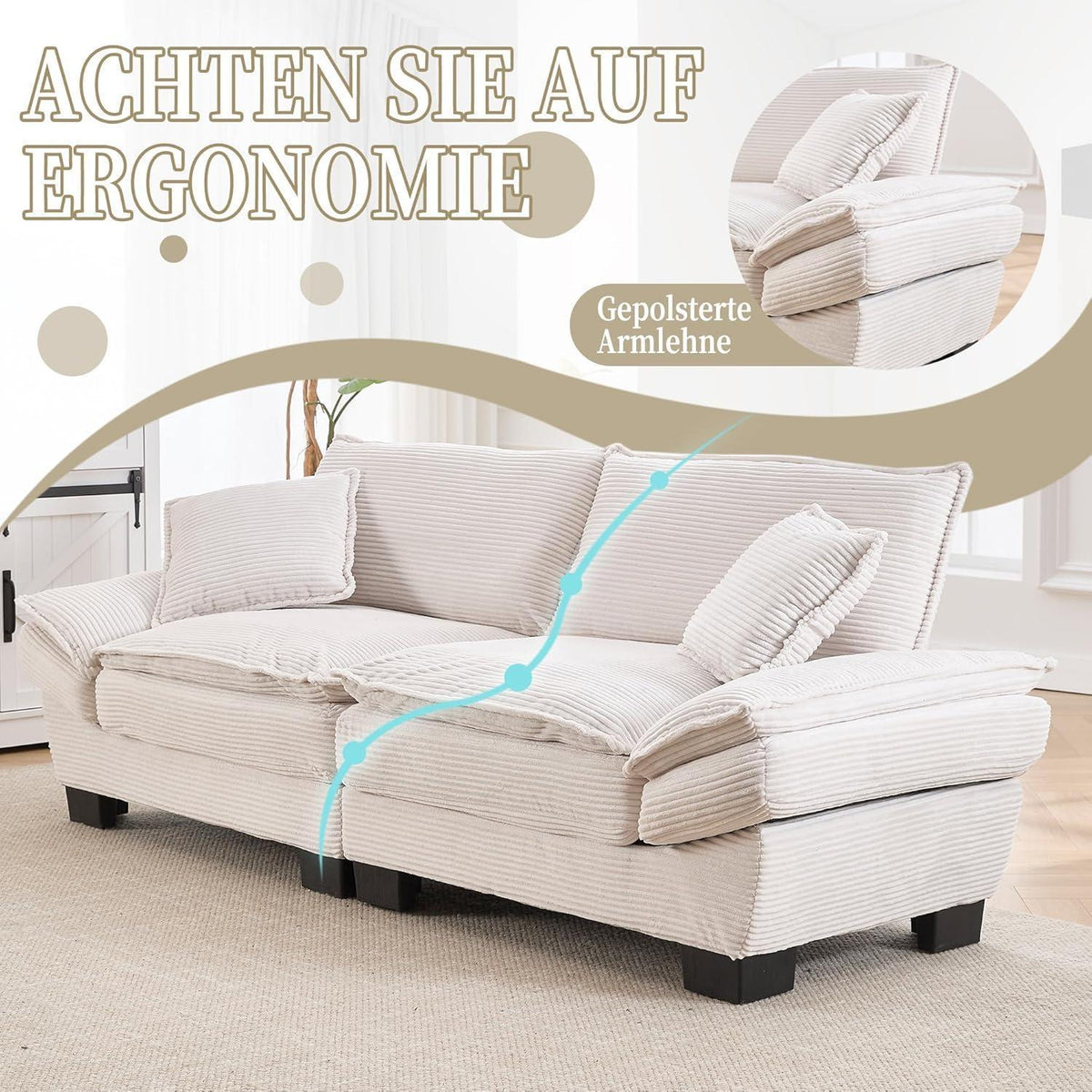 Modernes 2-Sitzer Polstersofa mit gepolsterten Armlehnen (Beige)