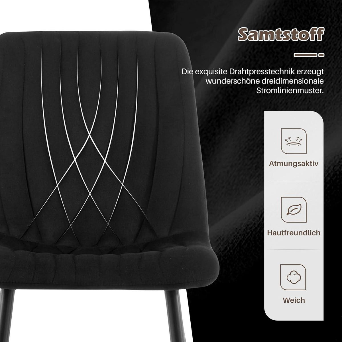 Samt Esszimmerstühle 2er-Set, Ergonomisch & Modern Schwarz