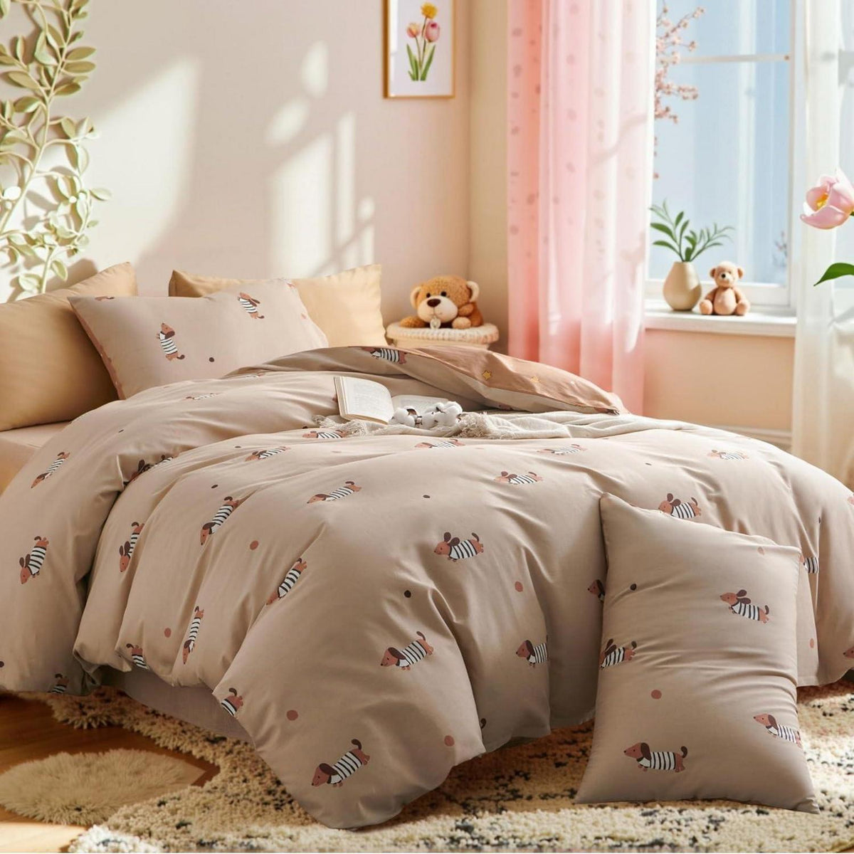 Dackel Bettwäsche Set 220x240 Baumwolle Khaki Sterne Muster