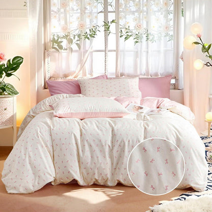 Baumwoll Bettwäsche Set 220x240 cm Schleifen Beige Rosa