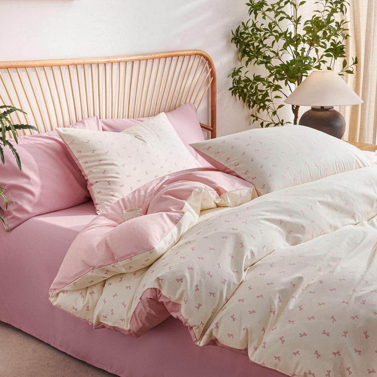 Baumwoll Bettwäsche Set 220x240 cm Schleifen Beige Rosa