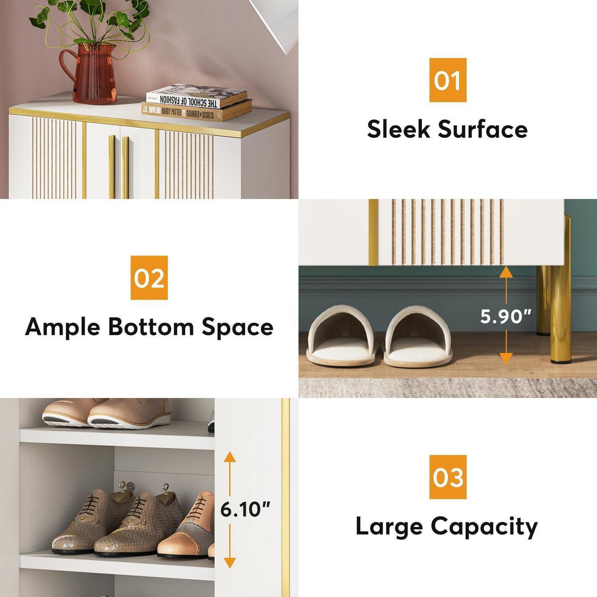 Schuhschrank mit Türen & verstellbaren Regalen – Weiß & Gold