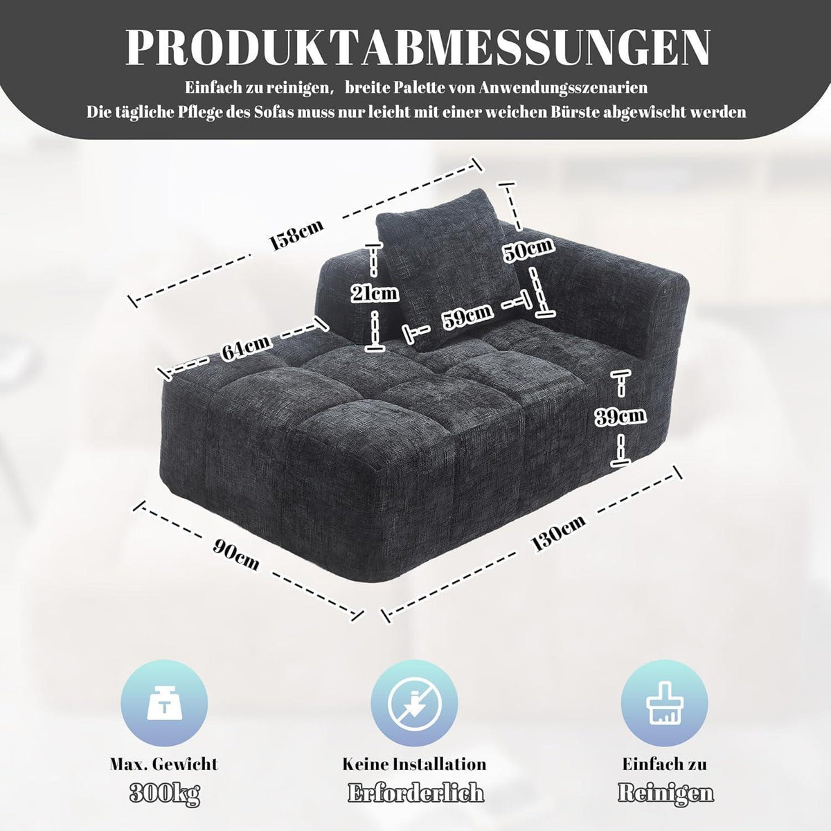 Modernes 1-Sitzer Sofa mit Chaiselongue & Kissen (Schwarz A)
