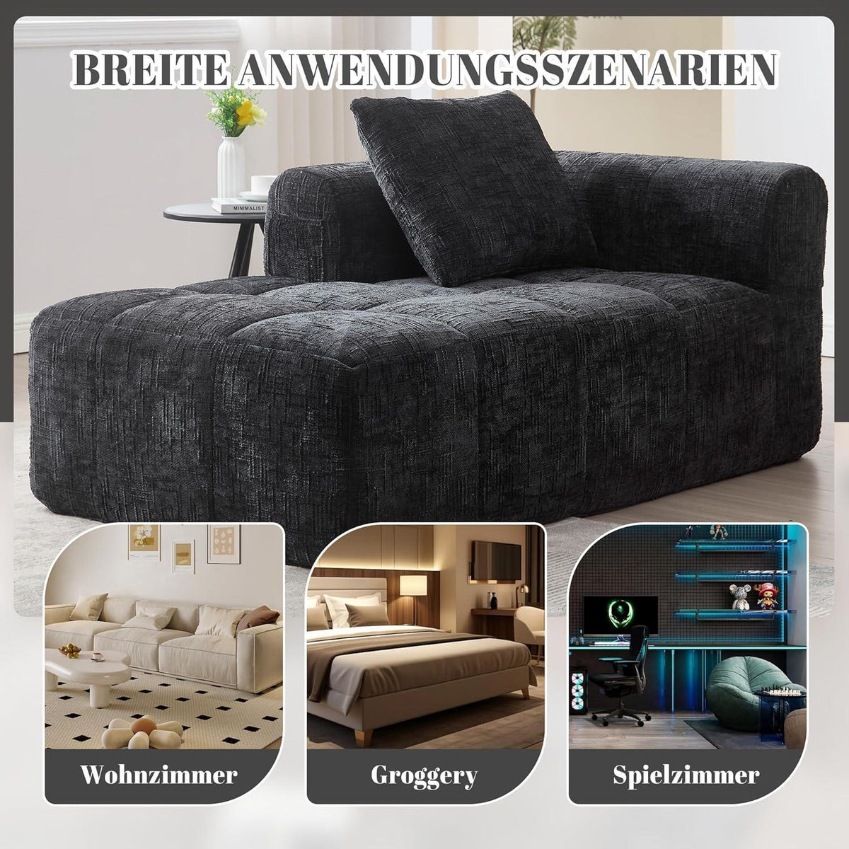 Modernes 1-Sitzer Sofa mit Chaiselongue & Kissen (Schwarz A)