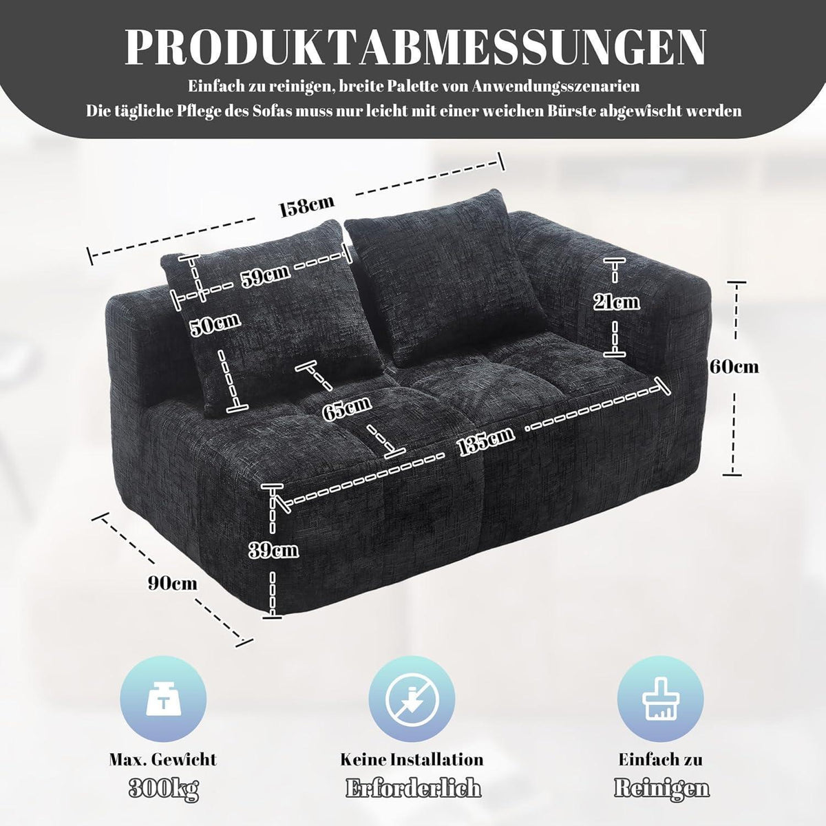 Modernes 2-Sitzer Polstersofa mit Chaise Lounge (Schwarz B)