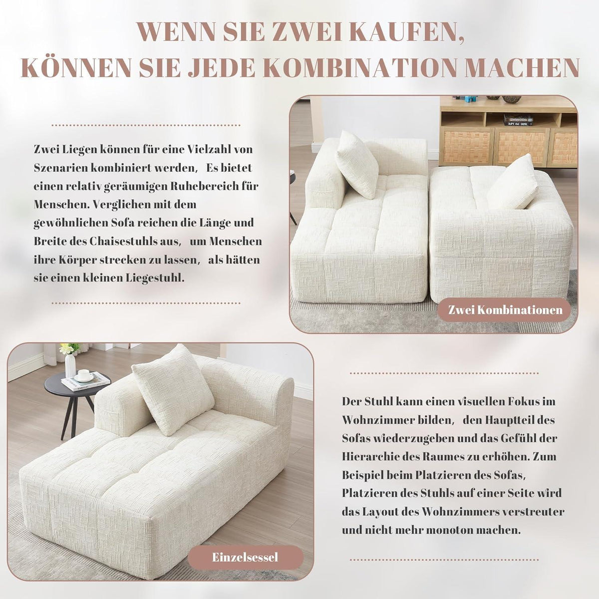 Modernes 1-Sitzer Sofa mit Chaise Lounge & Kissen (Beige A)