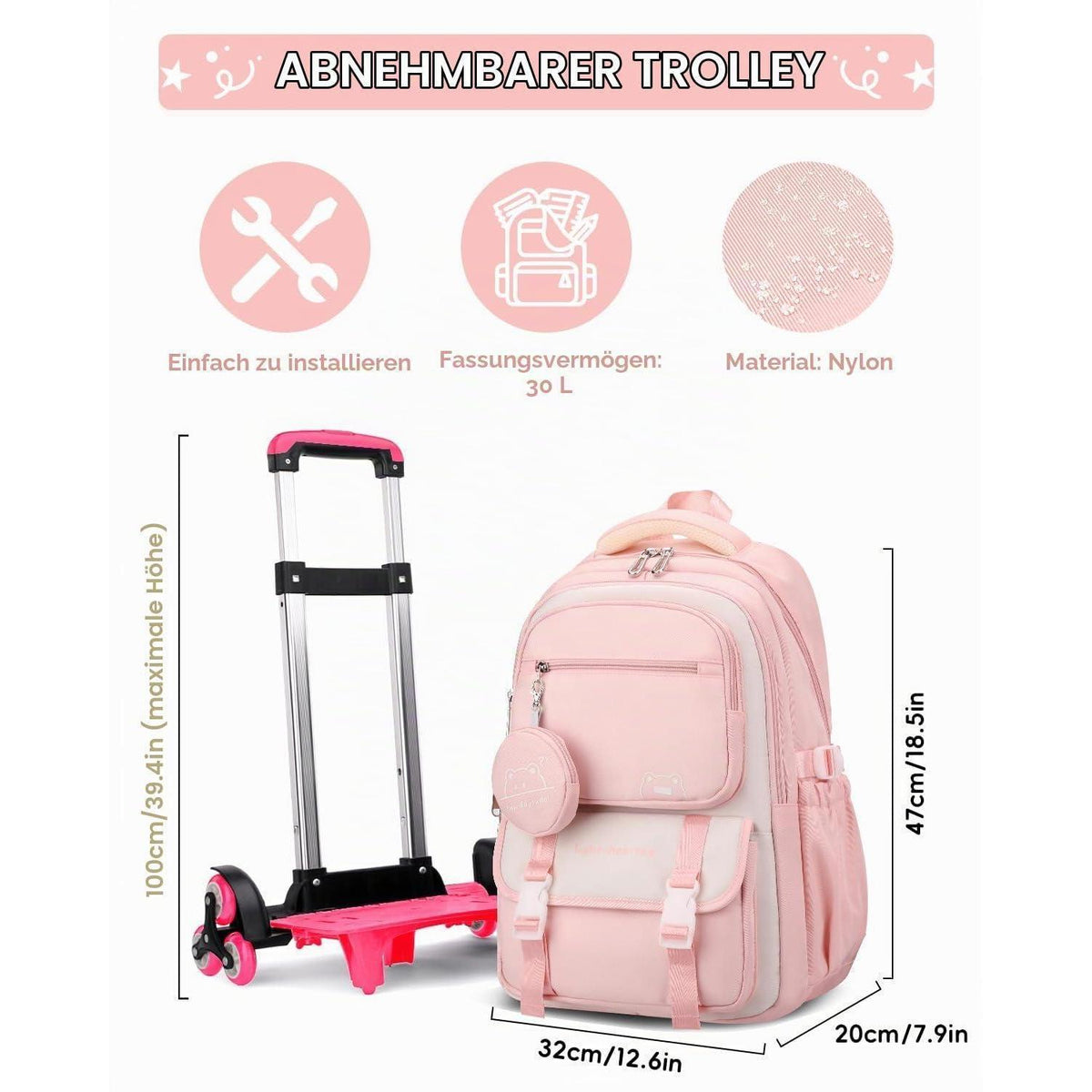 Schulrucksack Trolley Mädchen Rosa, 30L, Höhenverstellbar