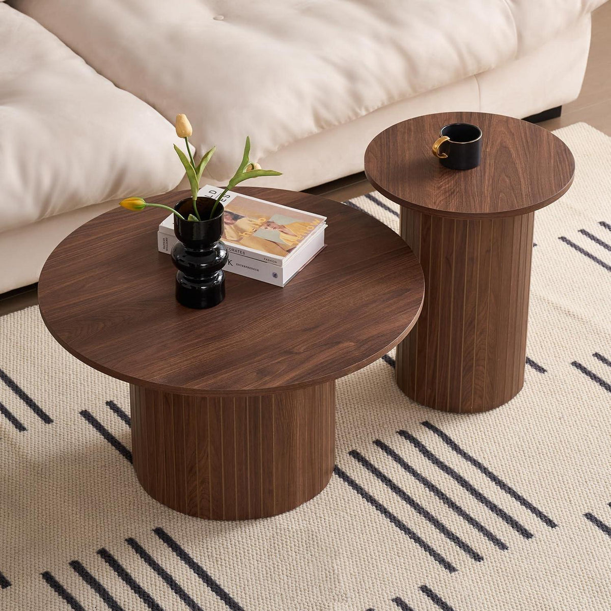 2er-Set Runde Couchtische mit Säulenfuß – Dunkelbraun