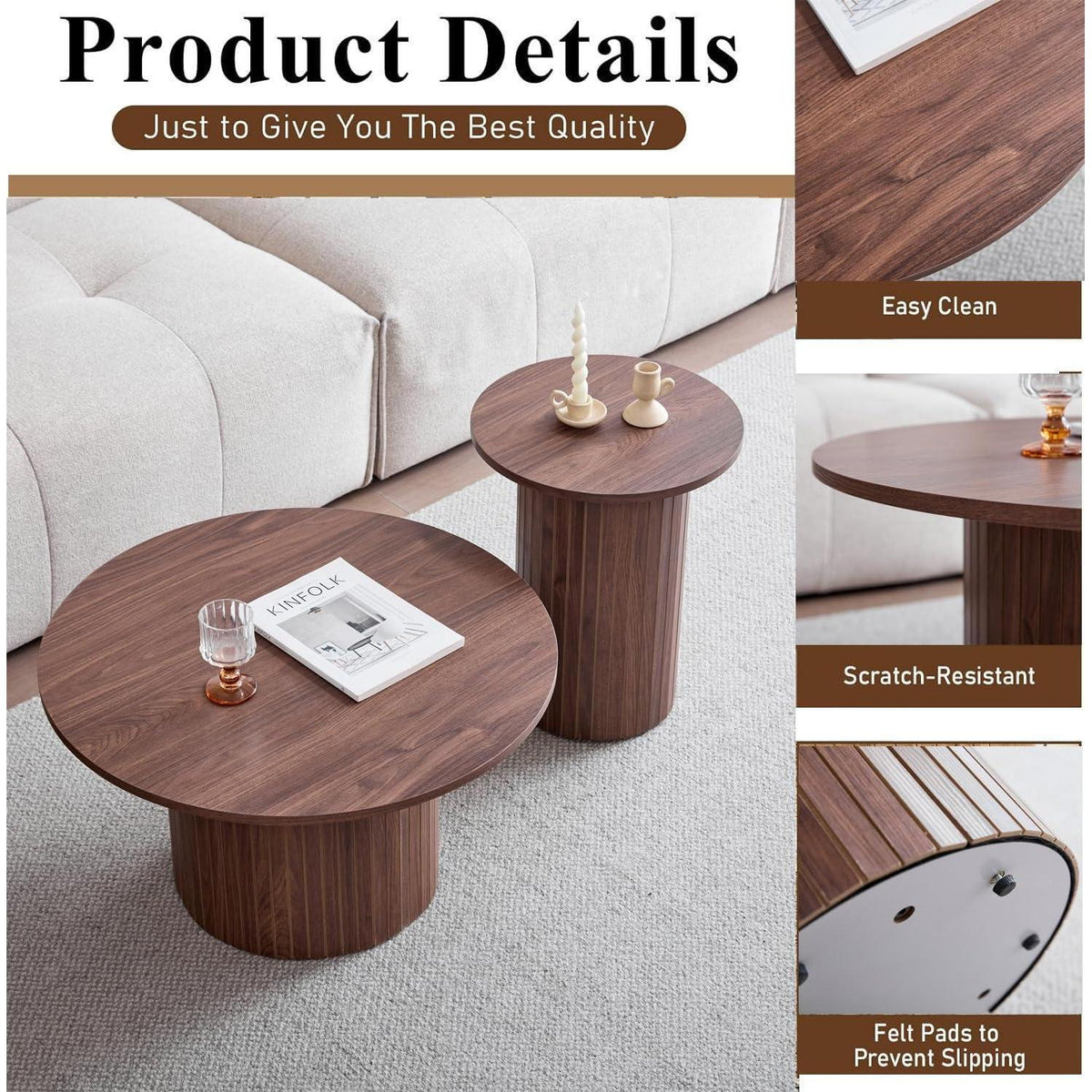 2er-Set Runde Couchtische mit Säulenfuß – Dunkelbraun