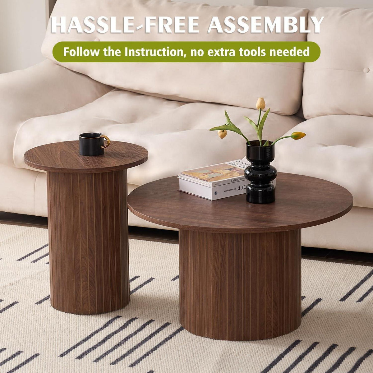 2er-Set Runde Couchtische mit Säulenfuß – Dunkelbraun