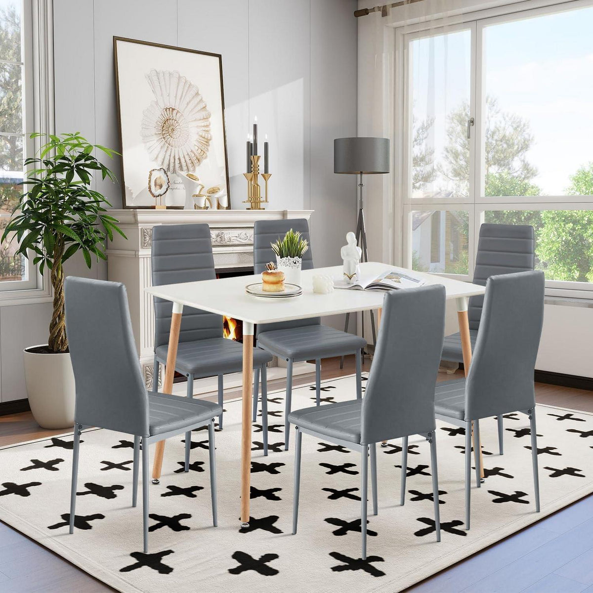 Essgruppen Set: Esstisch 110cm + 6 Esszimmerstühle Weiß/Grau