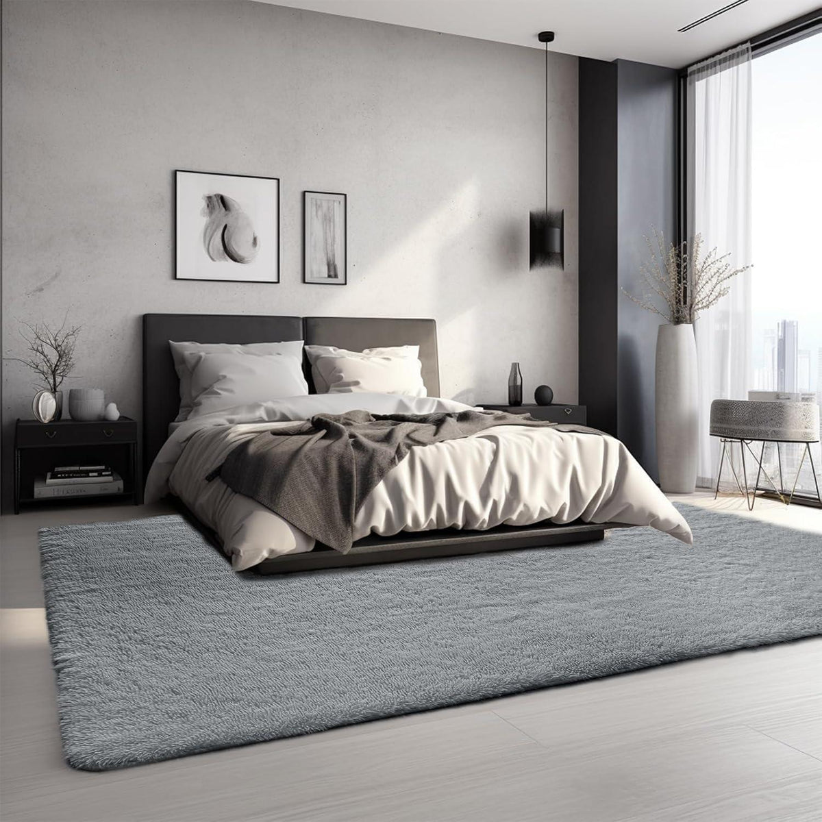Grauer Hochflor Teppich 240x340 – Flauschiger Wohnzimmerteppich Waschbar