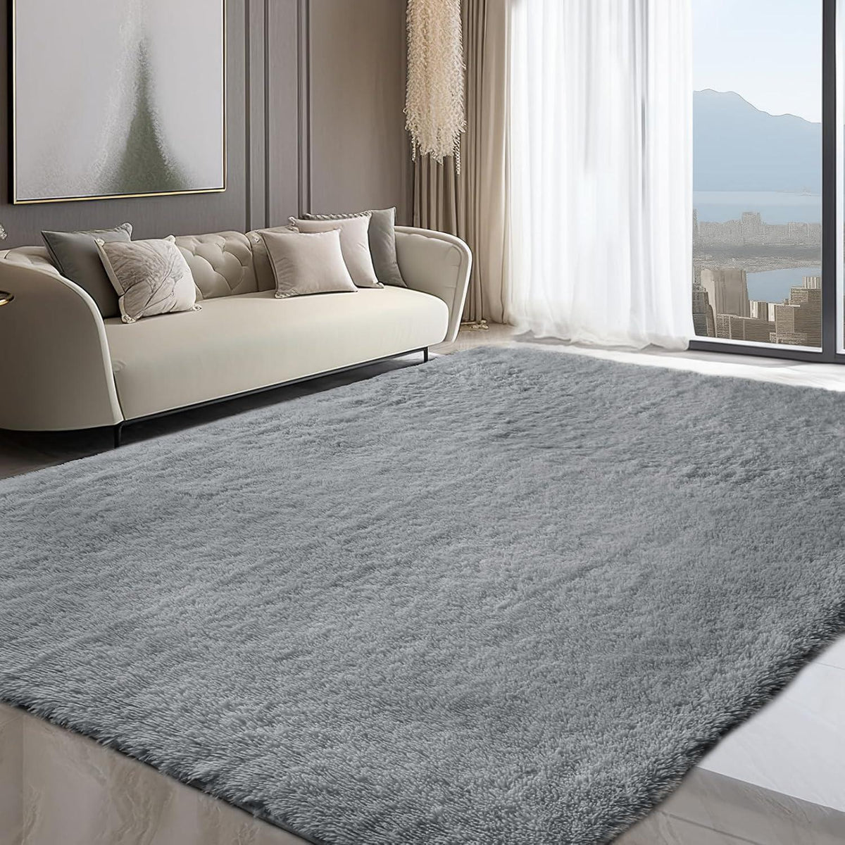 Grauer Hochflor Teppich 240x340 – Flauschiger Wohnzimmerteppich Waschbar