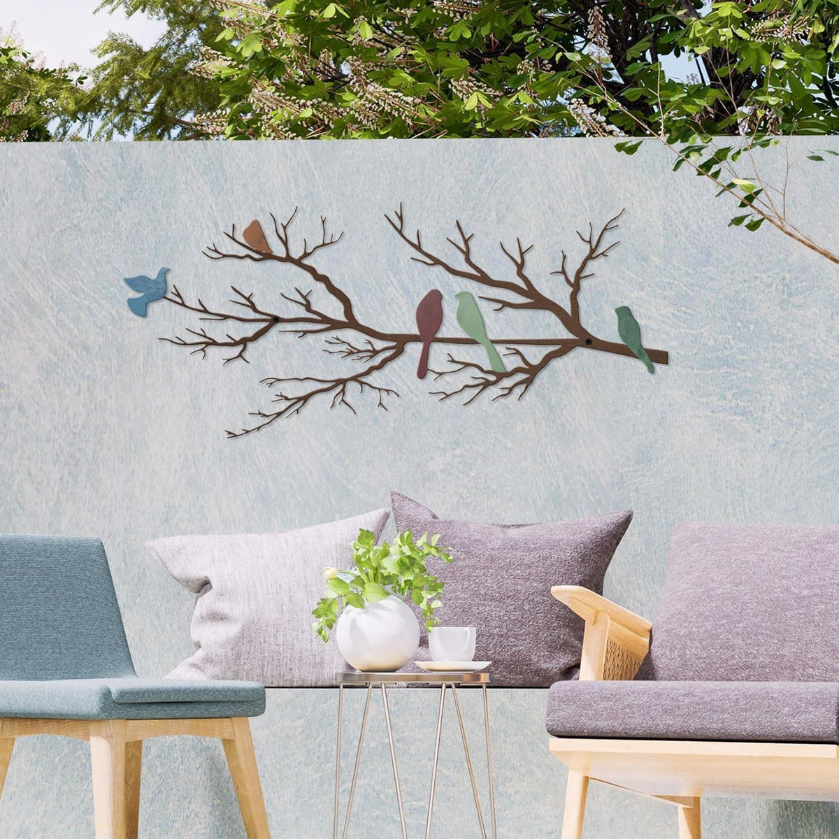 Metall Wanddeko Vögel auf Ast – Wandskulptur für Zuhause & Garten