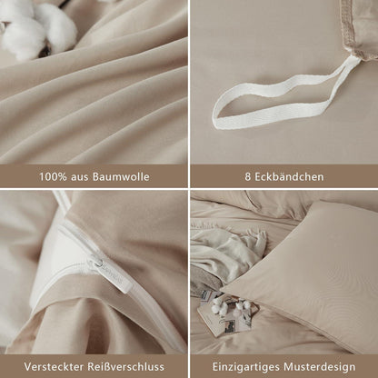Baumwoll Bettwäsche Set 200x220 Beige, 3-teilig mit Kissenbezügen