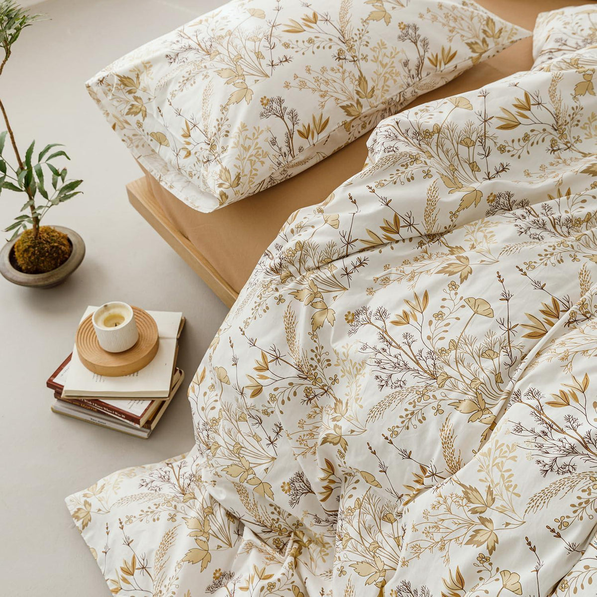 Bettwäsche-Set 220x240 cm Baumwolle Beige Ahornblatt Blumenmuster