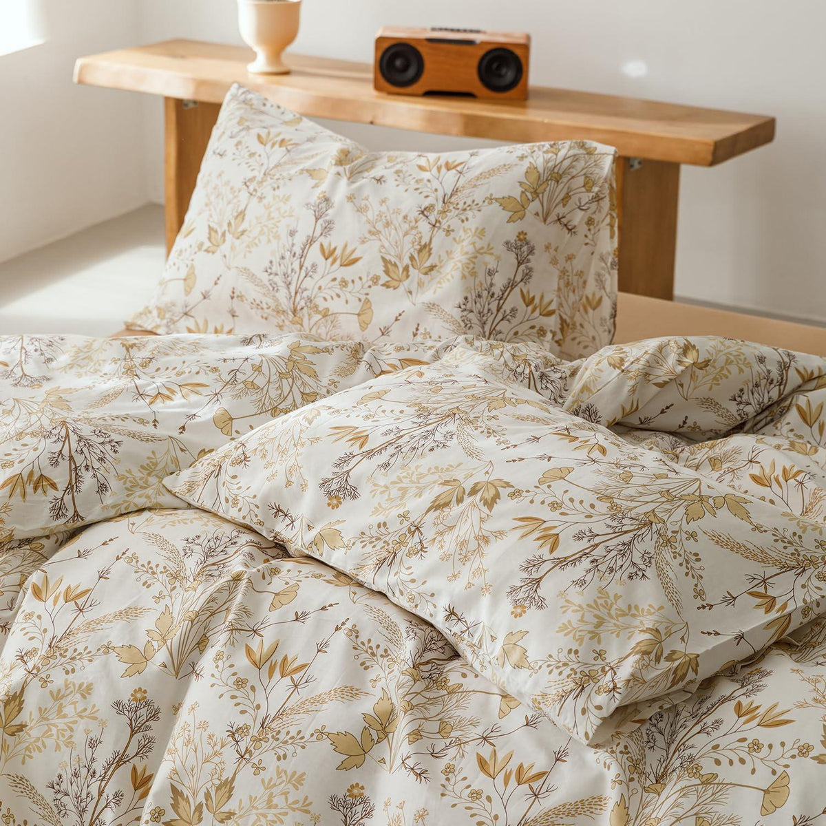 Bettwäsche-Set 220x240 cm Baumwolle Beige Ahornblatt Blumenmuster