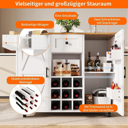 Klappbarer Küchenwagen mit Weinschrank & Schublade, Weiß