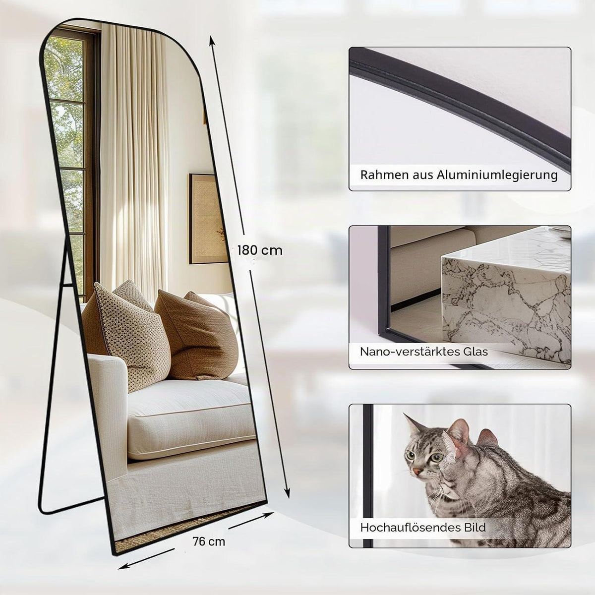 Gewölbter Standspiegel 180x76cm mit schwarzem Aluminiumrahmen