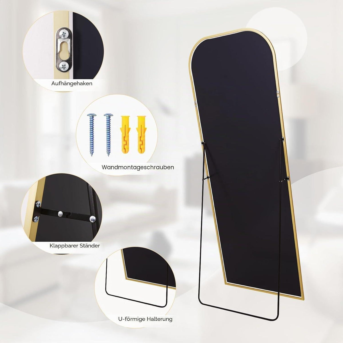 Gewölbter Standspiegel 192x85cm mit Goldrahmen – Ganzkörper Spiegel