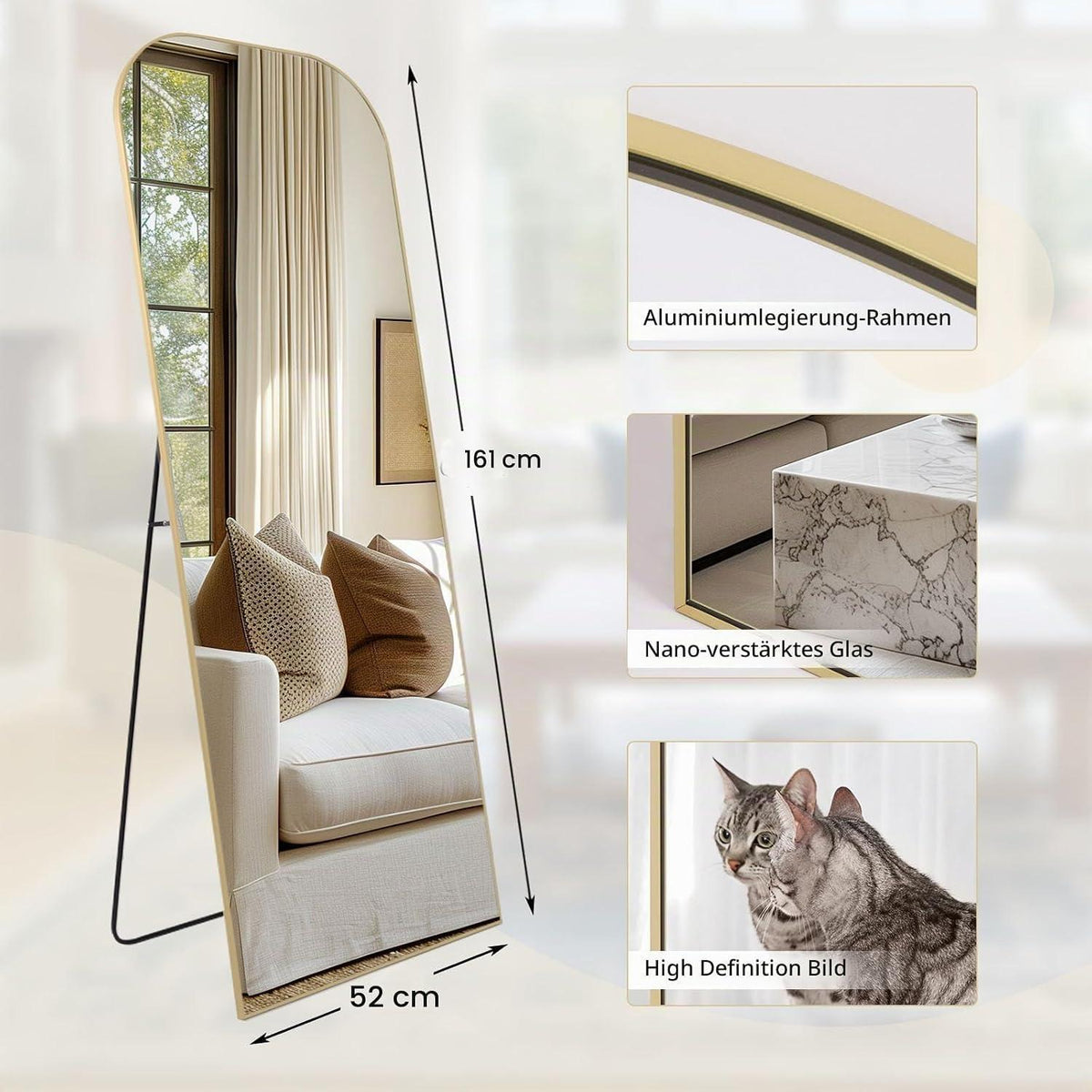 Gewölbter Standspiegel Gold – 161 x 52 cm, Ganzkörper