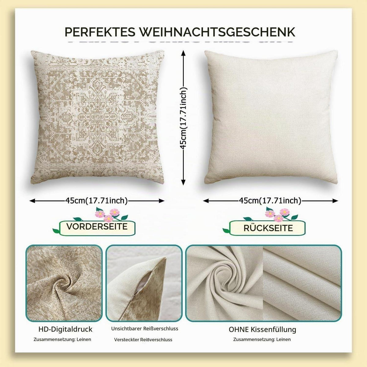 Böhmischer Kissenbezug 40x40 - 2er Set Outdoor Wasserdicht Beige