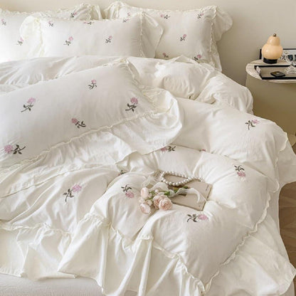 Romantische Rüschen Bettwäsche Set 220x240 Weiß Rosa Blumen