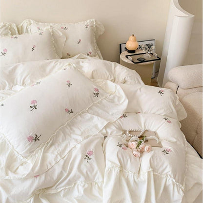 Romantische Rüschen Bettwäsche Set 220x240 Weiß Rosa Blumen