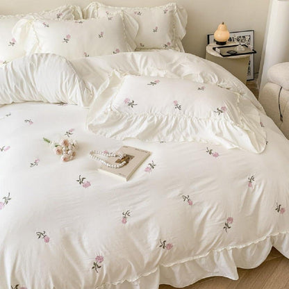 Romantische Rüschen Bettwäsche Set 220x240 Weiß Rosa Blumen