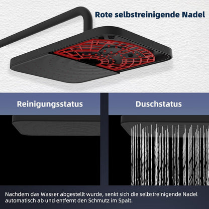 Selbstreinigender Duschkopf-Set Schwarz mit Edelstahlstange & Handbrause