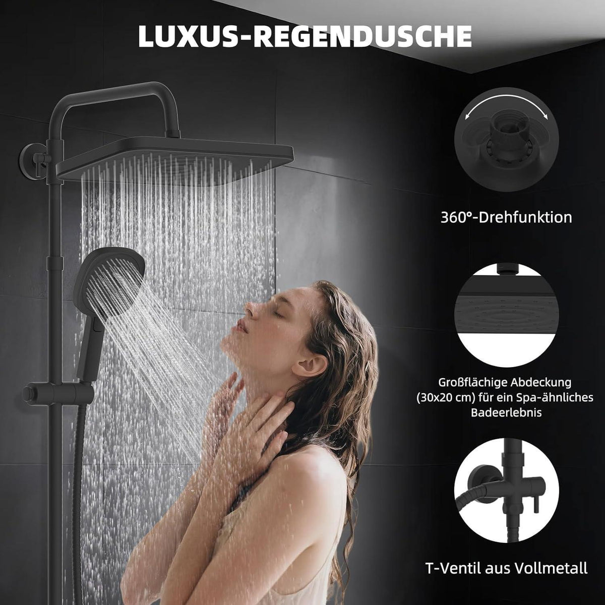 Selbstreinigender Duschkopf-Set Schwarz mit Edelstahlstange & Handbrause