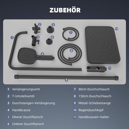 Selbstreinigender Duschkopf-Set Schwarz mit Edelstahlstange & Handbrause