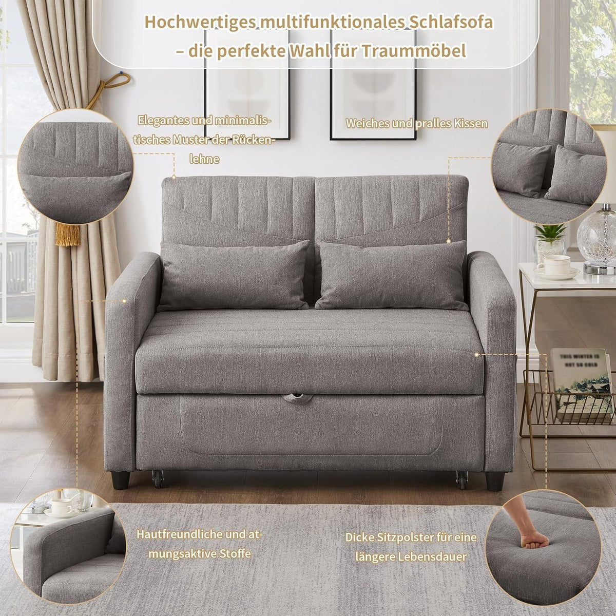 2-Sitzer Klappsofa mit Schlaffunktion & Kissen – Grau