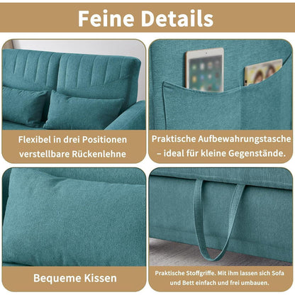 2-Sitzer Klappsofa mit Schlaffunktion & Kissen – Antik Blau-Grün