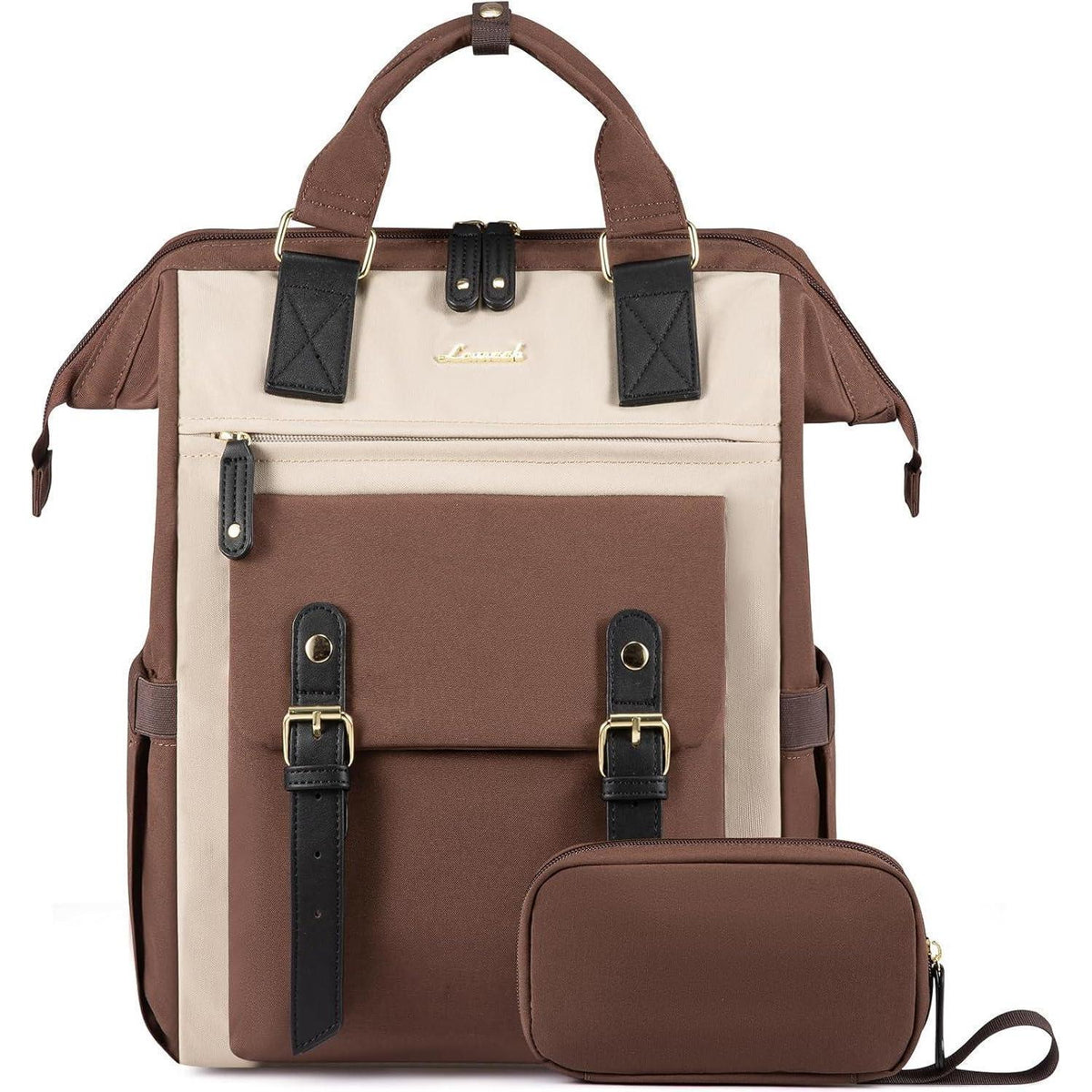 Laptop Rucksack Damen 15,6 Zoll wasserdicht mit Kabeltasche Kaffee+beige