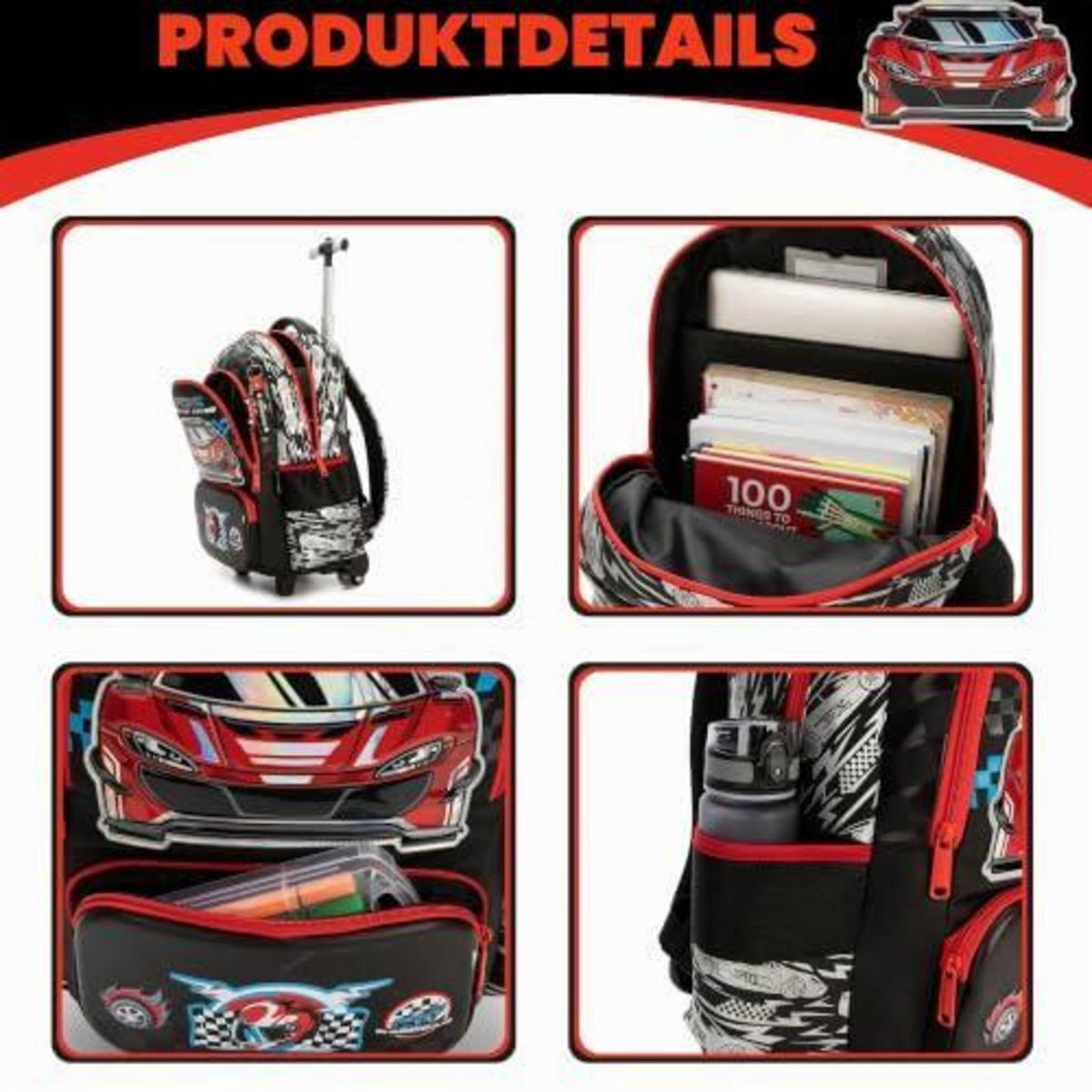 Schultrolley Rucksack Kinder – Rollen, Rot, 8 Jahre