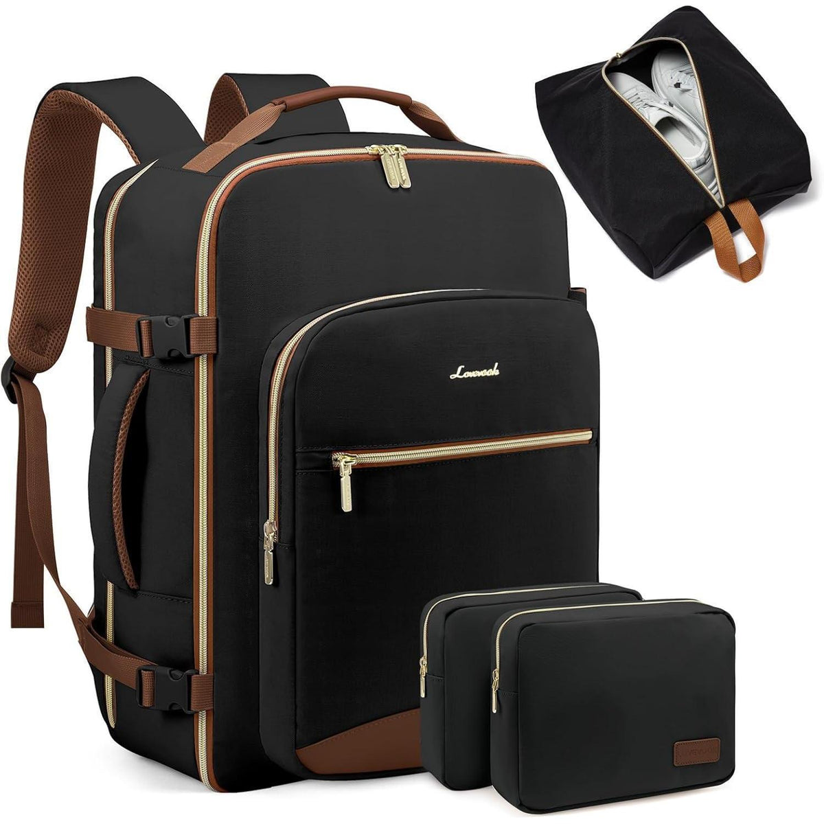 Handgepäck Rucksack 40L Damen, wasserdicht, Laptopfach, Kofferdesign, Schwarz+braun