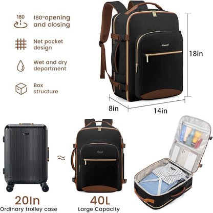 Handgepäck Rucksack 40L Damen, wasserdicht, Laptopfach, Kofferdesign, Schwarz+braun